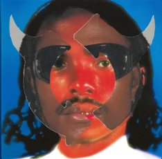 Album cover with a painted portrait wearing devil horns on blue